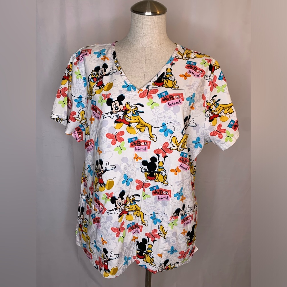 Disney Mickey Mouse and Pluto scrub top L nurse medical uniform CNA VET TECH